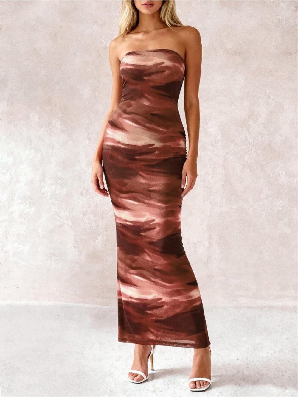 Women's Sexy Brown Floral Strapless Tube Long Bodycon Maxi Club Party Dress - Picture 3 of 6